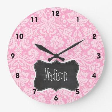 Retro Chalkboard Carnation Pink Damask Pattern Large Clock