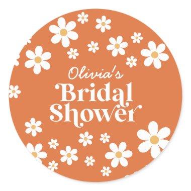 Retro Daisy burnt orange bridal shower Classic Round Sticker