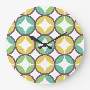 Retro Diamond in Circle Pattern Blue Green Gold Large Clock