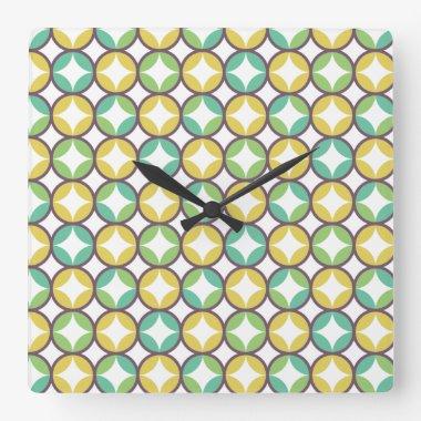 Retro Diamond in Circle Pattern Blue Green Gold Square Wall Clock