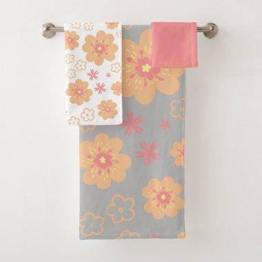 Retro Floral Pattern and Plain Pink Towel Set