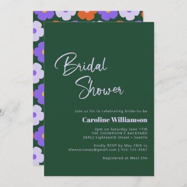 Retro Flower Purple Green Script Bridal Shower Invitations