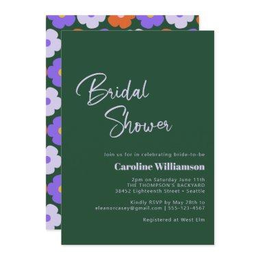 Retro Flower Purple Green Script Bridal Shower Invitations