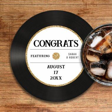 Retro Gold Glitter Vinyl Record Congrats Wedding Round Paper Coaster