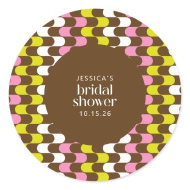 Retro Groovy Lime Pink and Brown Bridal Shower Classic Round Sticker