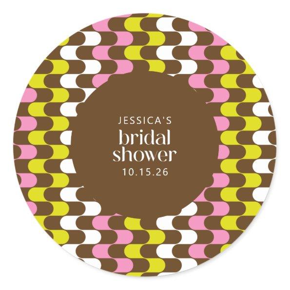 Retro Groovy Lime Pink and Brown Bridal Shower Classic Round Sticker