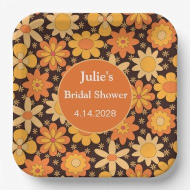Retro Groovy vintage Floral Orange yellow custom  Paper Plates