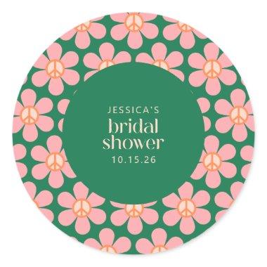 Retro Hippie Peace Sign Flower Green Pink Shower Classic Round Sticker