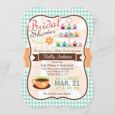 Retro Houndstooth Tea Party, Cupcake Bridal Shower Invitations