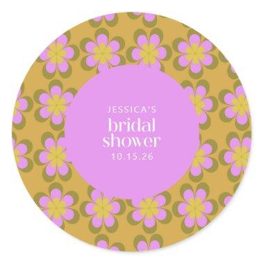 Retro Mod Flowers Purple and Yellow Bridal Shower Classic Round Sticker