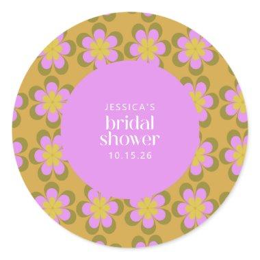 Retro Mod Flowers Purple and Yellow Bridal Shower Classic Round Sticker