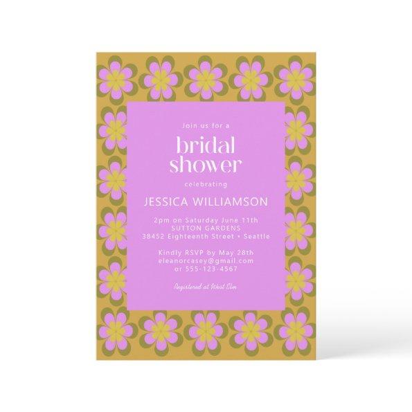 Retro Mod Flowers Purple and Yellow Bridal Shower Invitations