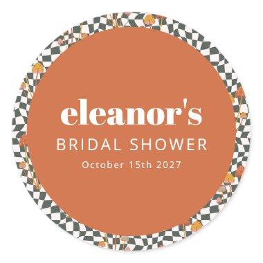 Retro Orange Checker Mushroom Custom Bridal Shower Classic Round Sticker
