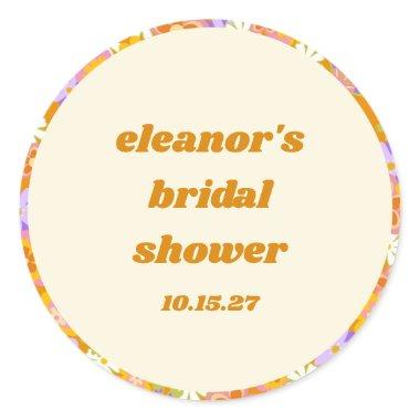 Retro Orange Purple Floral Custom Bridal Shower Classic Round Sticker