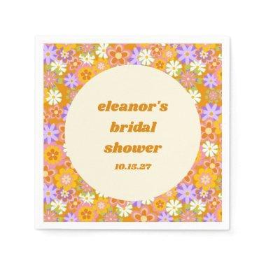 Retro Orange Purple Floral Custom Bridal Shower Napkins