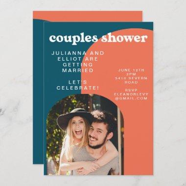 Retro Papaya and Peacock Blue Photo Couples Shower Invitations