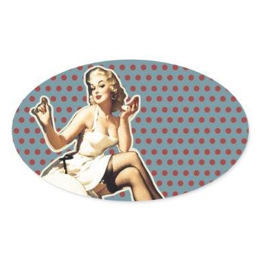 Retro pattern cute vintage pin up girl oval sticker