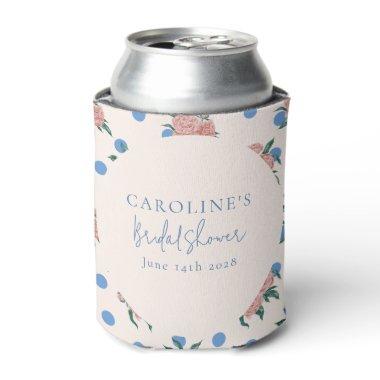 Retro Peony Floral Blue Dots  Custom Can Cooler