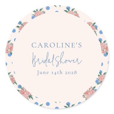 Retro Peony Floral Blue Dots  Custom Classic Round Sticker