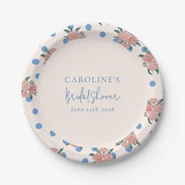 Retro Peony Floral Blue Dots  Custom Paper Plates