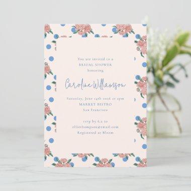 Retro Peony Floral Garden Blue Dots Bridal Shower Invitations