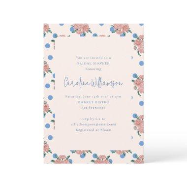 Retro Peony Floral Garden Blue Dots Bridal Shower Invitations