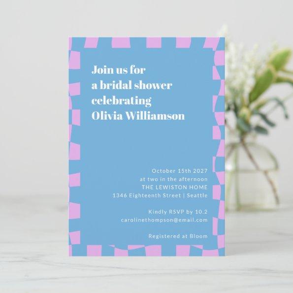 Retro Periwinkle Checkerboard Cute Bridal Shower Invitations