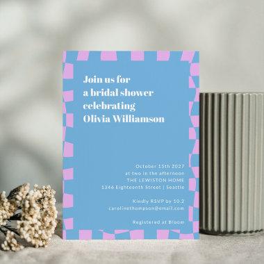 Retro Periwinkle Checkerboard Cute Bridal Shower Invitations