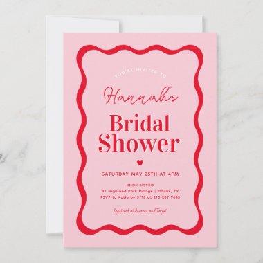 Retro Pink and Red Modern Wavy Bridal Shower Invitations