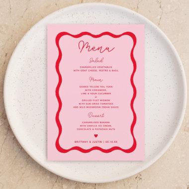 Retro Pink and Red Wavy Wedding Party Menu Invitations