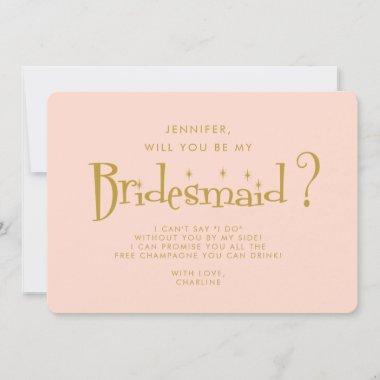 Retro Pink & Gold Handwriting Bridesmaid Proposal Invitations