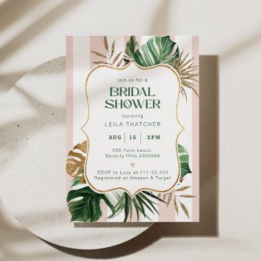 Retro pink green stripes palm beach bridal shower Invitations