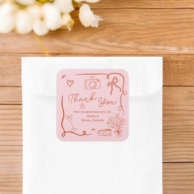 Retro pink red handdrawn illustrated  square sticker