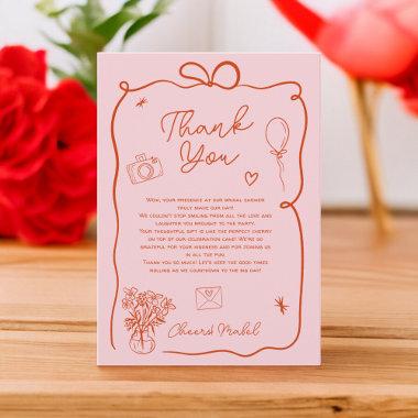 Retro pink red handdrawn illustrated bridal shower thank you Invitations