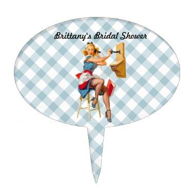Retro Pinup Telephone Gingham Vintage Blue Red Cake Topper