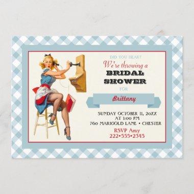 Retro Pinup Telephone Gingham Vintage Blue Red Invitations