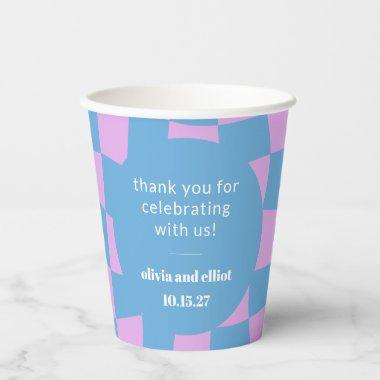 Retro Purple Checkerboard Custom Couples Shower Paper Cups