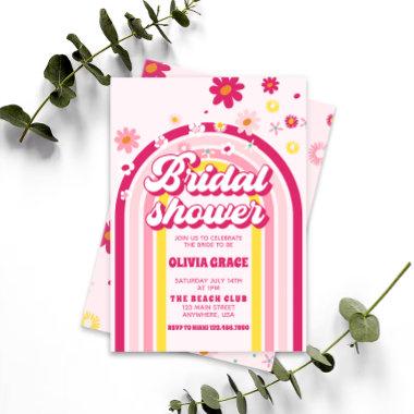 Retro Rainbow Daisy Groovy Pink Bridal Shower Invitations