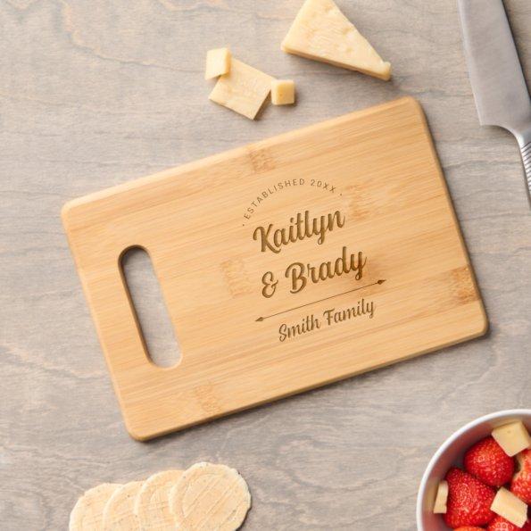 Retro Script Couple Names Wedding Engraved Cutting Board