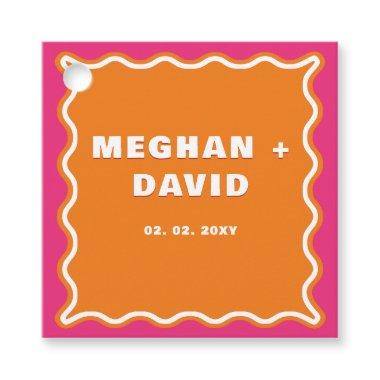 Retro Squiggle Wavy Curve Pink Orange Wedding Favor Tags