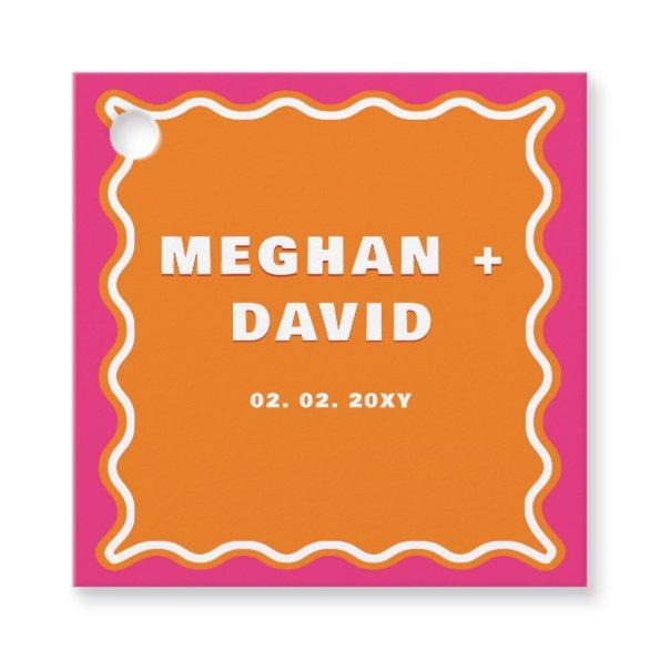 Retro Squiggle Wavy Curve Pink Orange Wedding Favor Tags