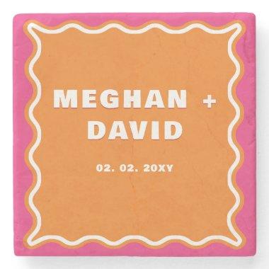 Retro Squiggle Wavy Curve Pink Orange Wedding Stone Coaster