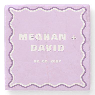 Retro Squiggle Wavy Curve Purple Wedding  Stone Coaster