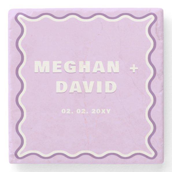 Retro Squiggle Wavy Curve Purple Wedding  Stone Coaster