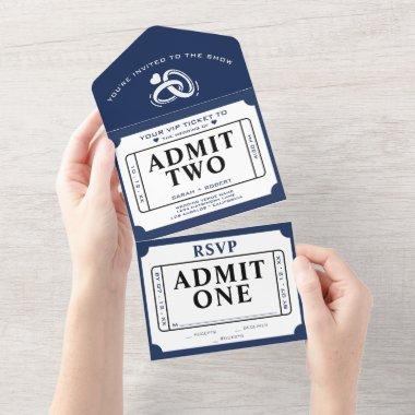 Retro Ticket Stub Admit Two White & Blue Wedding All In One