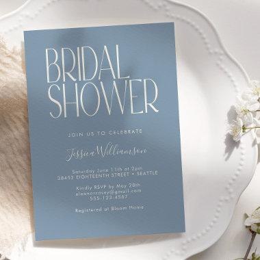 Retro Typography Elegant Dusty Blue Bridal Shower Invitations