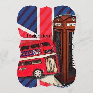 Retro Union Jack London Bus red telephone booth Invitations