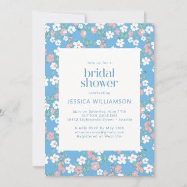 Retro Vintage Boho Blue Ditsy Floral Bridal Shower Invitations