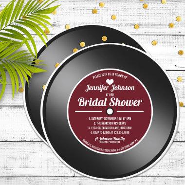 Retro Vinyl Record Wine Red Bridal Shower Invitations