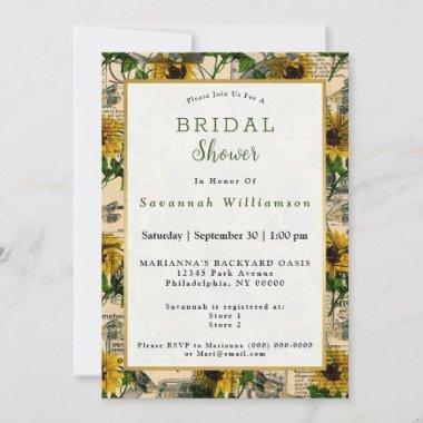 Retro Yellow Sunflower Newspaper Bridal Shower Invitations